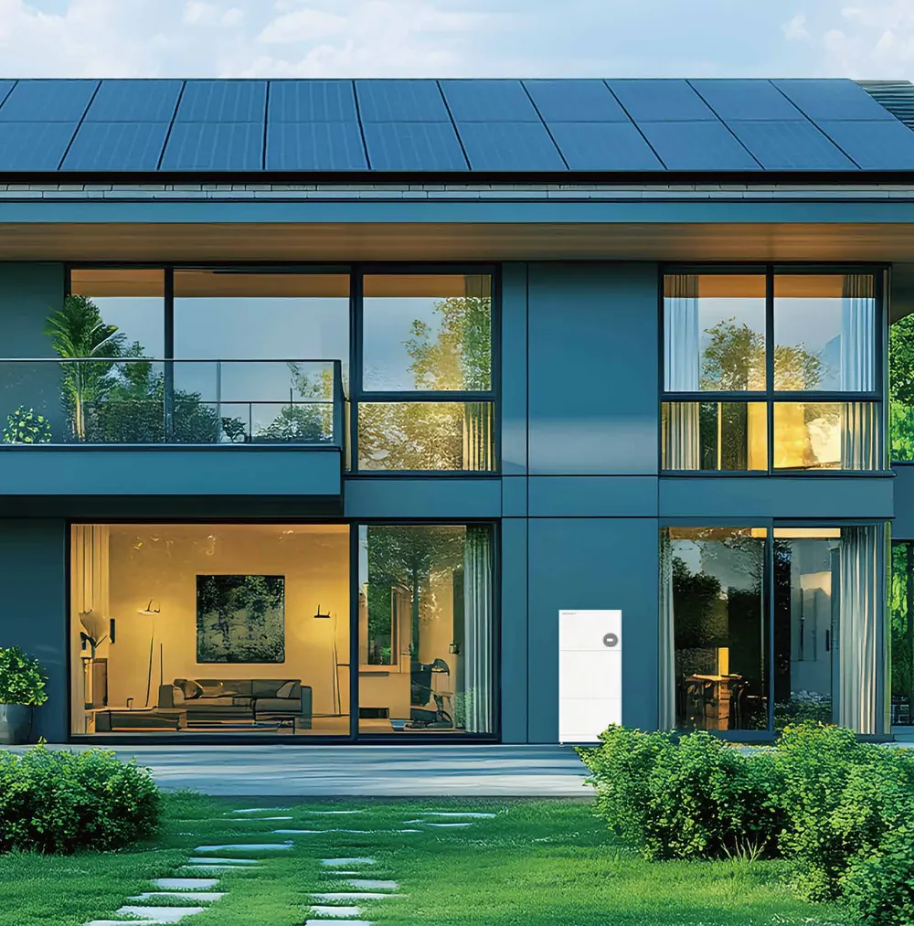 A house with solar panels on the roof and a NEOVOLT stack standing against the wall beside the terrace.